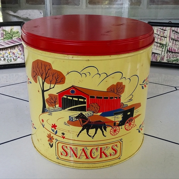 Vintage Snacks Tin Antique Country Home Decor Yellow Red - Picture 1 of 9